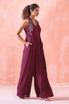 Mirroir_Purple Royal Georgette Embroidery Sequin And Beads Collared Placement Jumpsuit _Online_at_Aza_Fashions