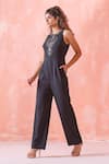 Mirroir_Black Royal Georgette Sequin And Beads Round Floral Embroidered Jumpsuit _Online_at_Aza_Fashions