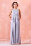 Buy_Mirroir_Grey Royal Georgette Embroidery Sequin And Beads Round Pleated Jumpsuit _at_Aza_Fashions