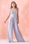 Buy Mirroir Grey Royal Georgette Sequin And Beads V Neck Embroidered Bodice Jumpsuit at Aza Fashions Buy_Mirroir_Grey Royal Georgette Sequin And Beads V Neck Embroidered Bodice Jumpsuit _at_Aza_Fashions