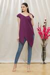 Buy_Megha Garg_Purple Scuba Plain V Neck Asymmetric Sleeveless Top _at_Aza_Fashions