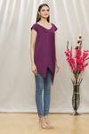 Megha Garg_Purple Scuba Plain V Neck Asymmetric Sleeveless Top _Online_at_Aza_Fashions