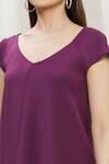 Megha Garg_Purple Scuba Plain V Neck Asymmetric Sleeveless Top _at_Aza_Fashions