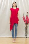 Shop_Megha Garg_Red Crepe Plain Asymmetric Draped Tunic _Online_at_Aza_Fashions