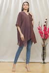 Buy_Megha Garg_Brown Crepe Plain V Neck Draped Tunic _at_Aza_Fashions