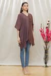 Megha Garg_Brown Crepe Plain V Neck Draped Tunic _Online_at_Aza_Fashions