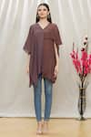 Shop_Megha Garg_Brown Crepe Plain V Neck Draped Tunic _Online_at_Aza_Fashions