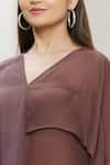 Megha Garg_Brown Crepe Plain V Neck Draped Tunic _at_Aza_Fashions