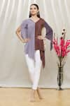 Buy_Megha Garg_Grey Crepe Plain V Neck Colorblock Draped Tunic _at_Aza_Fashions