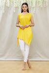 Buy_Megha Garg_Yellow Crepe V Neck Draped Asymmetric Tunic _at_Aza_Fashions