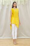 Megha Garg_Yellow Crepe V Neck Draped Asymmetric Tunic _Online_at_Aza_Fashions