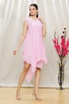 Buy_Megha Garg_Pink Chiffon V Neck Draped Asymmetric Dress  _at_Aza_Fashions