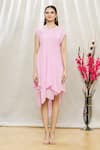 Shop_Megha Garg_Pink Chiffon V Neck Draped Asymmetric Dress  _Online_at_Aza_Fashions