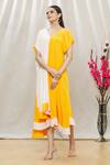 Buy Megha Garg Yellow Crepe V Neck Colourblock Draped Dress Online at Aza Fashions Buy_Megha Garg_Yellow Crepe V Neck Colourblock Draped Dress _Online_at_Aza_Fashions