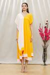 Shop Megha Garg Yellow Crepe V Neck Colourblock Draped Dress Online at Aza Fashions Shop_Megha Garg_Yellow Crepe V Neck Colourblock Draped Dress _Online_at_Aza_Fashions