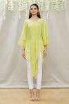 Shop_Megha Garg_Green Chiffon V Neck Draped Asymmetric Tunic _Online_at_Aza_Fashions