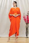 Buy_Megha Garg_Orange Crepe Embroidered Beads V Neck Draped Jumpsuit _Online_at_Aza_Fashions