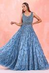 Buy_Mirroir_Blue Organza Lining Shantoon Sequin And Bugle Beads Leaf Embroidered Flared Gown _at_Aza_Fashions