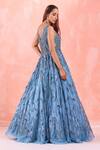 Shop_Mirroir_Blue Organza Lining Shantoon Sequin And Bugle Beads Leaf Embroidered Flared Gown _at_Aza_Fashions