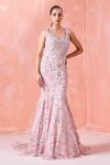 Buy_Mirroir_Peach Net Lining Shantoon Sequin And Bugle Beads Leaf Embroidered Mermaid Gown _at_Aza_Fashions