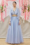 Samyukta Singhania_Blue Blouse Dupion Lehenga Organza Embroidered Mirror Work Plunge V Neck With _Online_at_Aza_Fashions