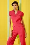 Label Deepika Nagpal_Pink Luxury Heavy Crepe Lining Lycra V Neck Cape Style Jumpsuit_Online_at_Aza_Fashions