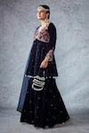 Buy_Ajiesh Oberoi_Blue Velvet Embroidery Thread V Neck Jannat Short Anarkali Gharara Set _Online_at_Aza_Fashions