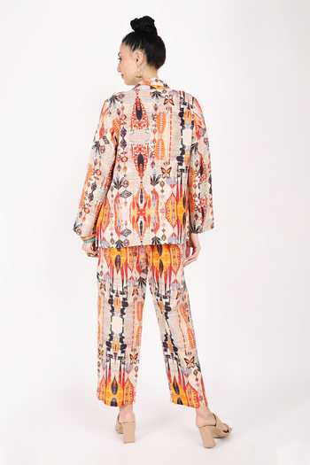 Shop_Linen Bloom_Beige Linen Ajrakh Shawl Collar Rio Print Blazer _at_Aza_Fashions