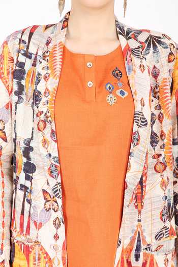 Buy_Linen Bloom_Beige Linen Ajrakh Shawl Collar Rio Print Blazer _Online_at_Aza_Fashions