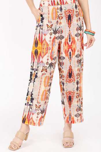 Shop_Linen Bloom_Beige Linen Ajrakh Rio Print Pant _at_Aza_Fashions