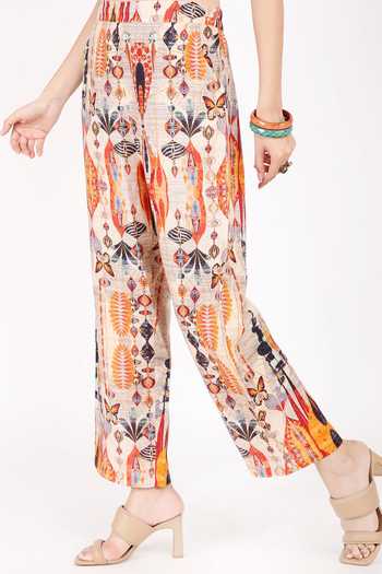 Linen Bloom_Beige Linen Ajrakh Rio Print Pant _Online_at_Aza_Fashions
