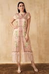 Buy_Sakshi Girri_Beige Satin Printed Floral V Neck Jumpsuit  _at_Aza_Fashions