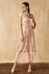 Shop_Sakshi Girri_Beige Satin Printed Floral V Neck Jumpsuit  _Online_at_Aza_Fashions