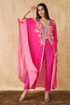 Buy_Sakshi Girri_Pink Crepe Printed Floral V Neck Kaftan And Pant Set  _at_Aza_Fashions