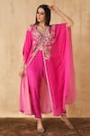 Sakshi Girri_Pink Crepe Printed Floral V Neck Kaftan And Pant Set  _Online_at_Aza_Fashions