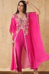 Buy_Sakshi Girri_Pink Crepe Printed Floral V Neck Kaftan And Pant Set  _Online_at_Aza_Fashions