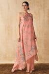 Sakshi Girri_Peach Organza Printed Floral Asymmetric Tunic And Palazzo Set  _Online_at_Aza_Fashions