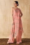 Buy_Sakshi Girri_Peach Organza Printed Floral Asymmetric Tunic And Palazzo Set  _Online_at_Aza_Fashions