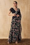 Buy_Sakshi Girri_Black Organza Printed Floral V Neck Pre-draped Saree With Blouse  _at_Aza_Fashions