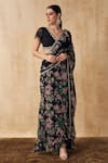 Sakshi Girri_Black Organza Printed Floral V Neck Pre-draped Saree With Blouse  _Online_at_Aza_Fashions