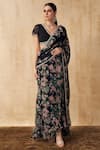 Buy_Sakshi Girri_Black Organza Printed Floral V Neck Pre-draped Saree With Blouse  _Online_at_Aza_Fashions