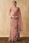 Buy_Sakshi Girri_Peach Organza Printed Floral V Neck Pre-draped Saree With Blouse  _at_Aza_Fashions