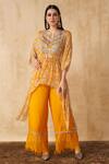 Buy_SAKSHI GIRRI_Yellow Crepe, Chiffon Floral Notched Printed Kaftan And Palazzo Set_at_Aza_Fashions