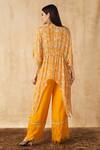 Shop_SAKSHI GIRRI_Yellow Crepe, Chiffon Floral Notched Printed Kaftan And Palazzo Set_at_Aza_Fashions
