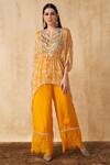SAKSHI GIRRI_Yellow Crepe, Chiffon Floral Notched Printed Kaftan And Palazzo Set_Online_at_Aza_Fashions