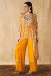 Buy_SAKSHI GIRRI_Yellow Crepe, Chiffon Floral Notched Printed Kaftan And Palazzo Set_Online_at_Aza_Fashions