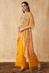 Shop_SAKSHI GIRRI_Yellow Crepe, Chiffon Floral Notched Printed Kaftan And Palazzo Set_Online_at_Aza_Fashions