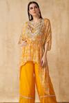 SAKSHI GIRRI_Yellow Crepe, Chiffon Floral Notched Printed Kaftan And Palazzo Set_at_Aza_Fashions