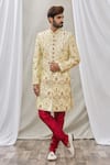 Buy_Aryavir Malhotra_Gold Art Banarasi Silk Embroidered Floral Sherwani Set _at_Aza_Fashions