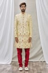 Aryavir Malhotra_Gold Art Banarasi Silk Embroidered Floral Sherwani Set _Online_at_Aza_Fashions